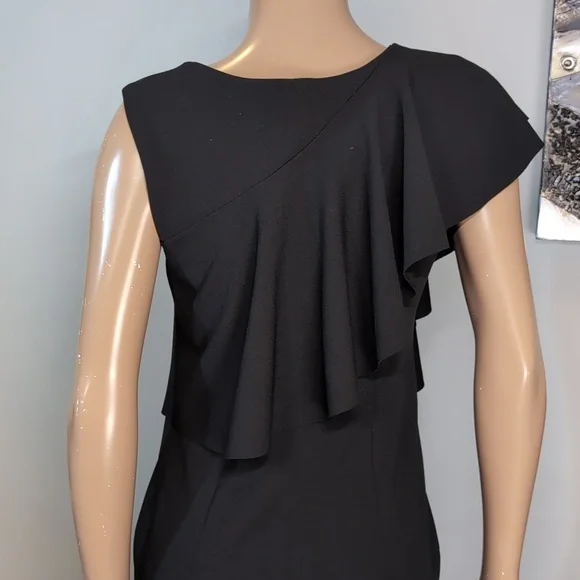 Bailey Ruffle V-Neck Sheath Dress Draped Asymmetric Black Womens Size Medium - Picture 7 of 14
